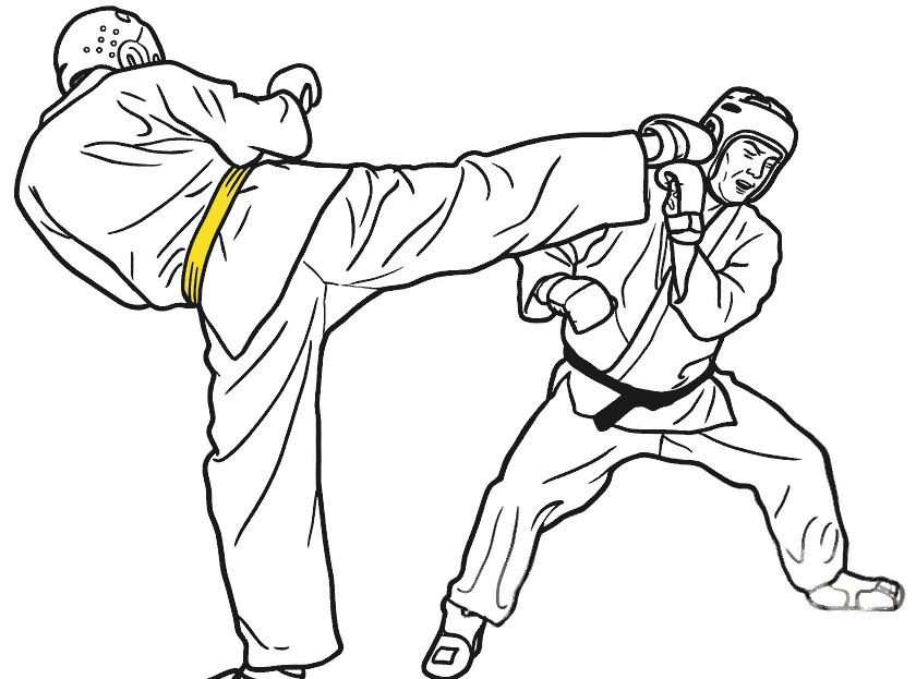 A drawing of two karateka in sparring headgear and mitts, one throwing a high kick as the other covers up.
