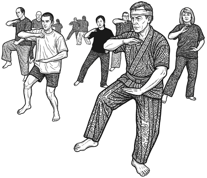 A drawing of a tai chi class holding a stance, a man in a patterned jacket in front and six others behind him.