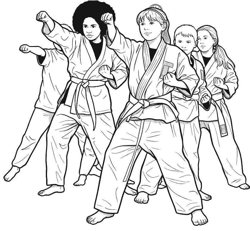 A drawing of five children and teenagers in gi, standing in a punching stance.