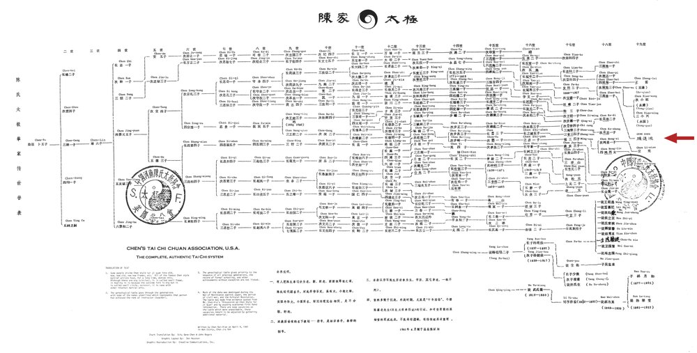 A wide printed genealogical chart headed with Chinese characters and a taijitu, ruled into columns labelled second generation through nineteenth generation, each column a dense list of names in Chinese with romanisations above them, linked by dashed lines. Two large red seals are stamped across it, and a red arrow at the right points to the name Gene Chen in the nineteenth-generation column. Explanatory notes in English and Chinese run beneath.
