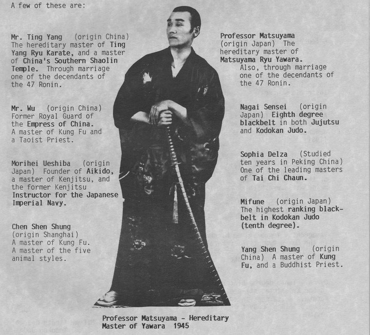 A page from a typed booklet. A cut-out full-length photograph of Professor Matsuyama in dark kimono holding a sword stands in the centre, with two columns of typed entries either side naming martial arts masters and describing each in two or three lines.