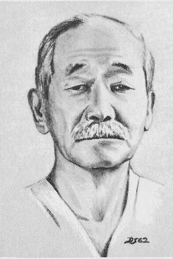 A charcoal portrait drawing of Jigoro Kano in later life: bald, heavy brows, a full moustache, in the open collar of a judogi. Signed in the lower right corner.