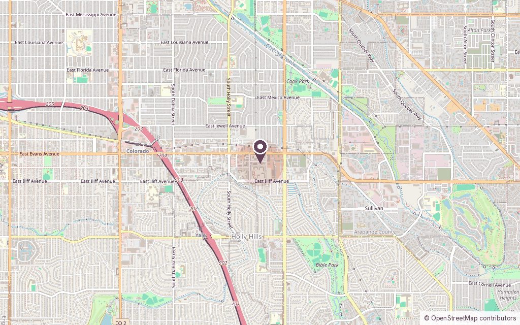 Map of southeast Denver with the dojo marked on East Warren Avenue, between Evans and Iliff just east of Holly Street.