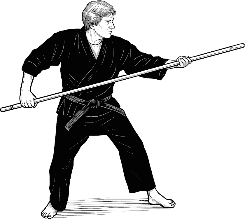 A drawing of Senior Instructor Jim Hansen in a black keikogi, holding a long staff across his body in a low stance.