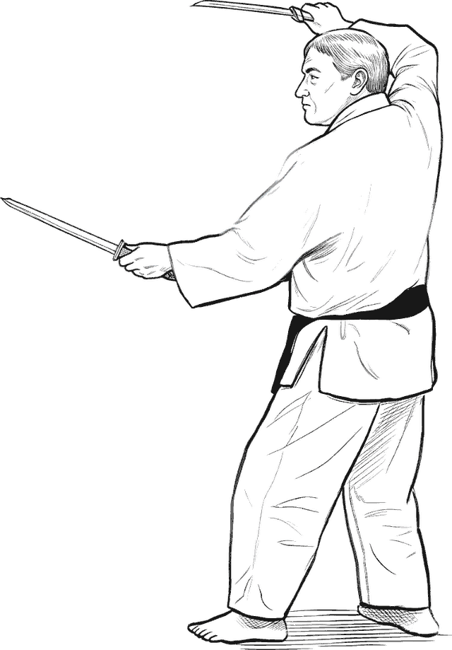 A drawing of Sensei Steve in gi and black belt, holding two swords: one extended forward, one raised overhead.